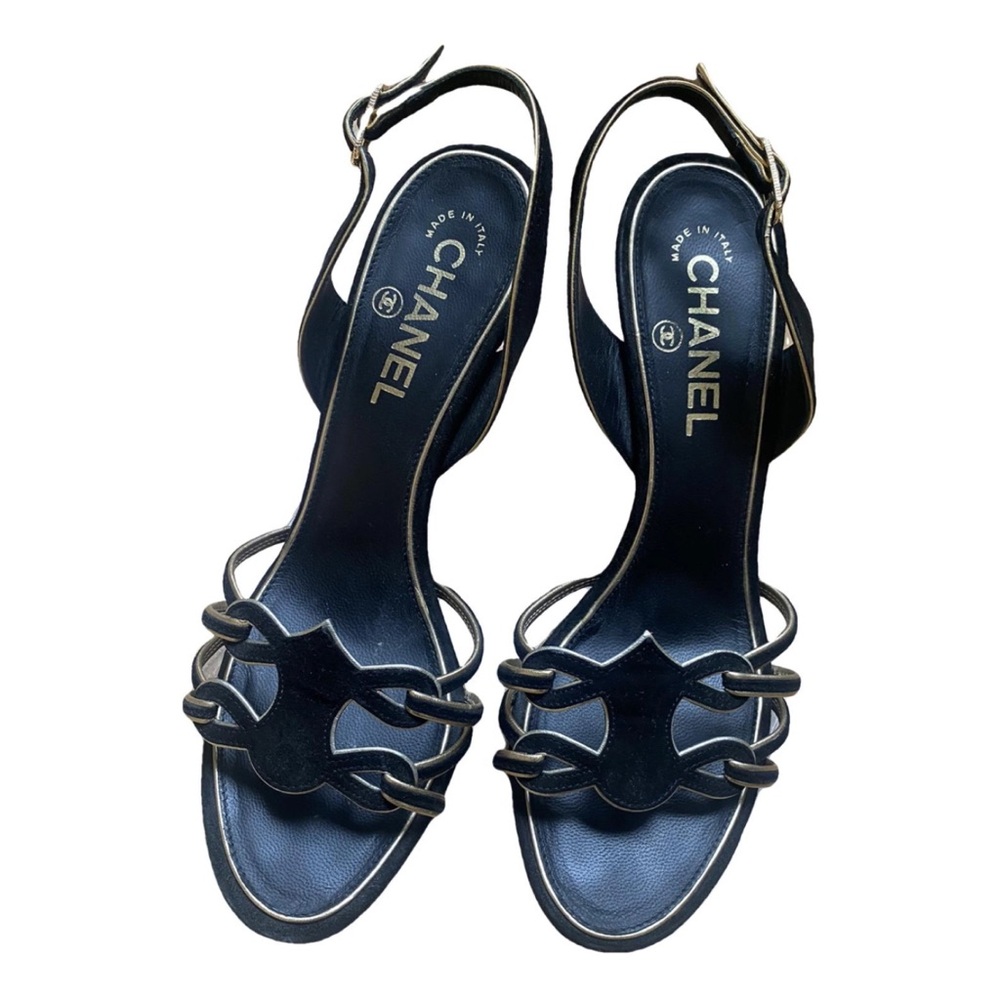 Vintage CHANEL Black Strap Slingback Heels with Logo Motif